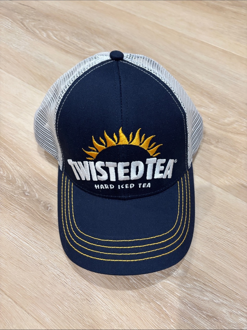Twisted Yellow & Navy Trucker Hat with Sun Embroidery
